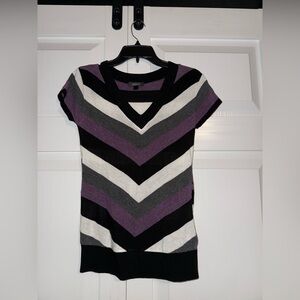 Purple, grey, white, and black striped short sleeve sweater